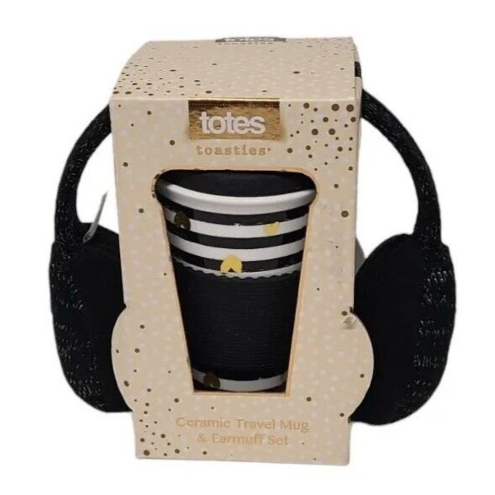Totes Toasties Ceramic Travel Mug Earmuffs Gift Black & White Stripe Gold Heart